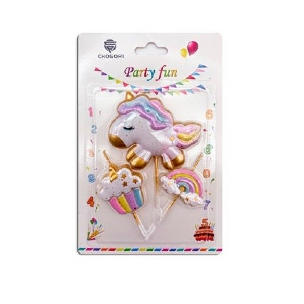 Producto - VELA CAKE TOPPER UNICORNIO dream 3 PCS cupcakes arcoiris