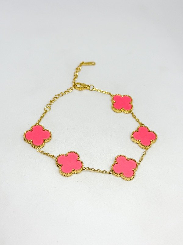 Producto - Pulsera acero dorado van cleef piedras fucsias