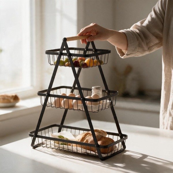 Producto - CANASTO 3 PISOS ORGANIZADOR METAL CON MANGO DE MADERA 40X50X18 - 2