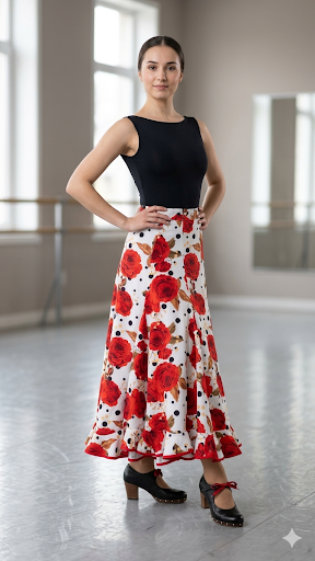 Producto - FALDA LUPI BLANCA TELA RIGIDA CON FLORES ROJAS Y VOLADO ENVIVADO TM/L