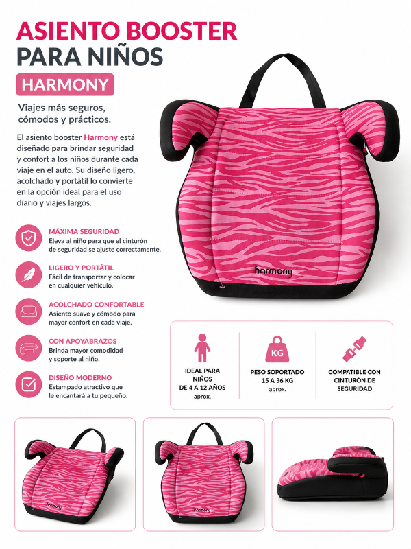 Producto - Asiento Booster Infantil Harmony Rosa con Diseño Animal Print
