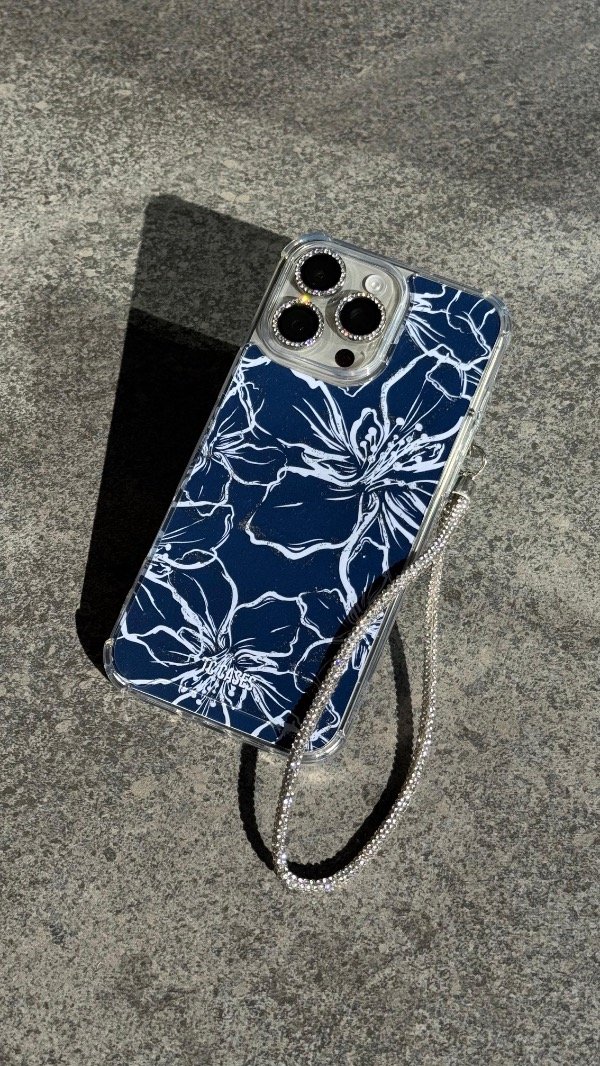 Producto - Case flores celestes + colgante strass plata