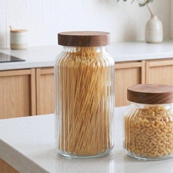 Producto - Frasco Vidrio Rayas con Tapa Madera Grande