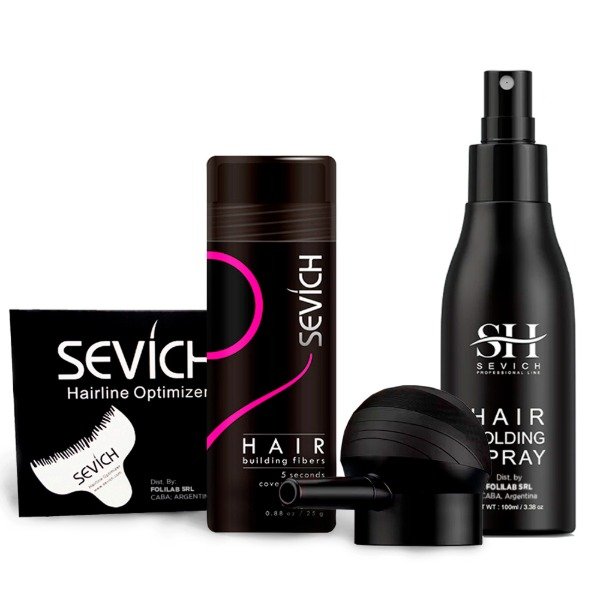 Producto - Combo kitx4 Pote Fibras Capilares 25g Sevich + Aplicador + Modelador + Fijador