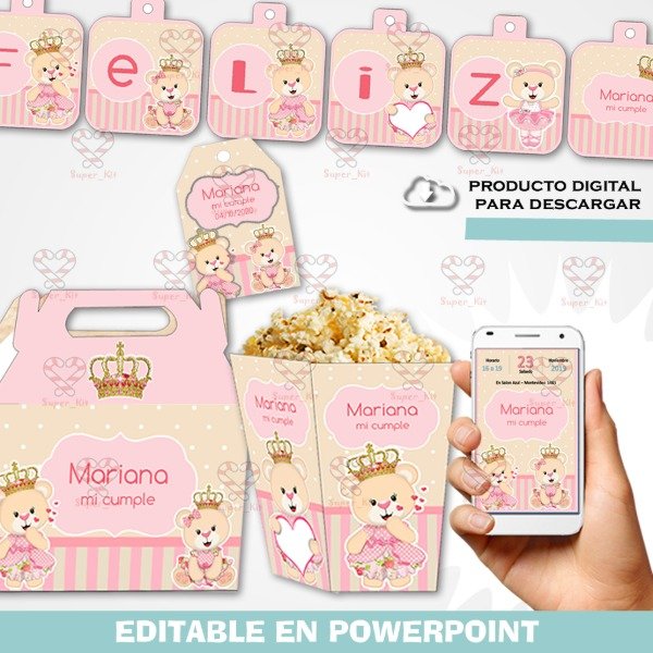 Producto - Kit Imprimible Osita Princesa Editable