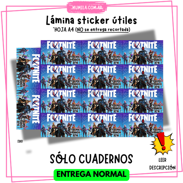 Producto - Lámina Sticker Escolares SÓLO CUADERNOS Personalizada Entrega NORMAL