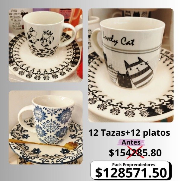 Producto - Promo emprendedor x24 piezas Taza con Plato Figuras - Gatos y Vaquitas - Figuras