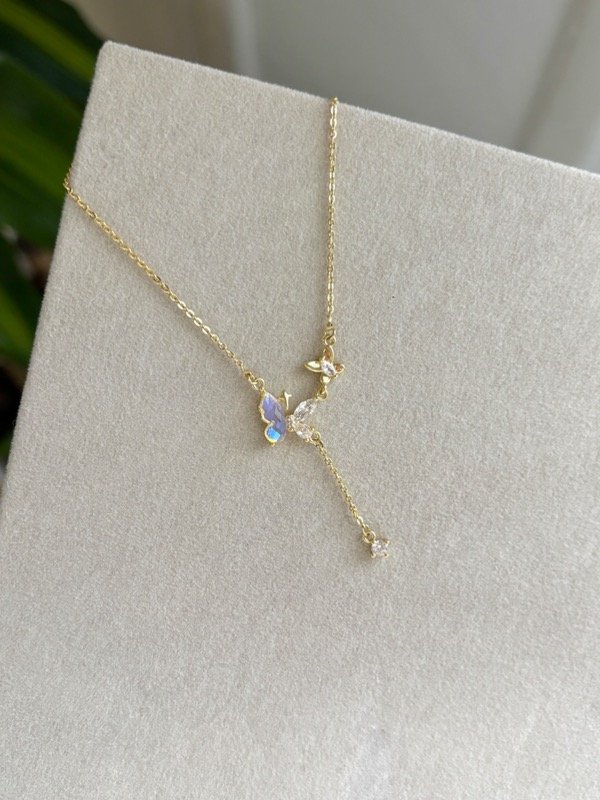 Producto - Collar Doble Mariposa con Cristal Acero Dorado