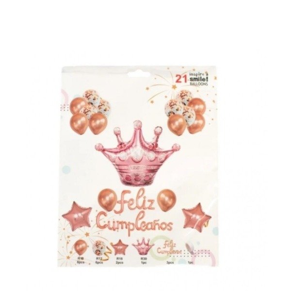 Producto - SET GLOBO FELIZ CUMPLE CON CORONA ROSA GOLD (21 PIEZAS) X1 89969RG