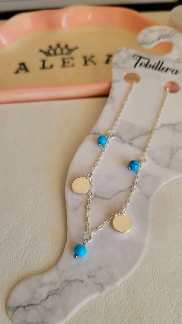 Producto - Tobillera detalles turquesa de acero blanco