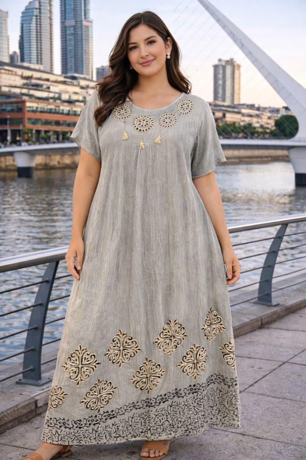 Producto - Vestido India Amplio Muy Fresco Gris Bordado Transferencia Promo 28.900