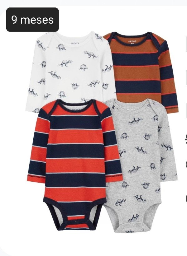 Pack de 4 bodys carters manga larga talle 9 meses rayado