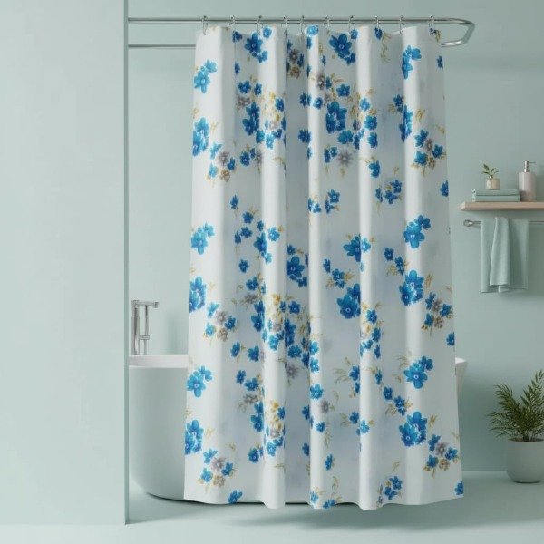 Producto - CORTINA PARA BAÑO DE RASO TEFLONADA ESTAMPA FLORES AZUL