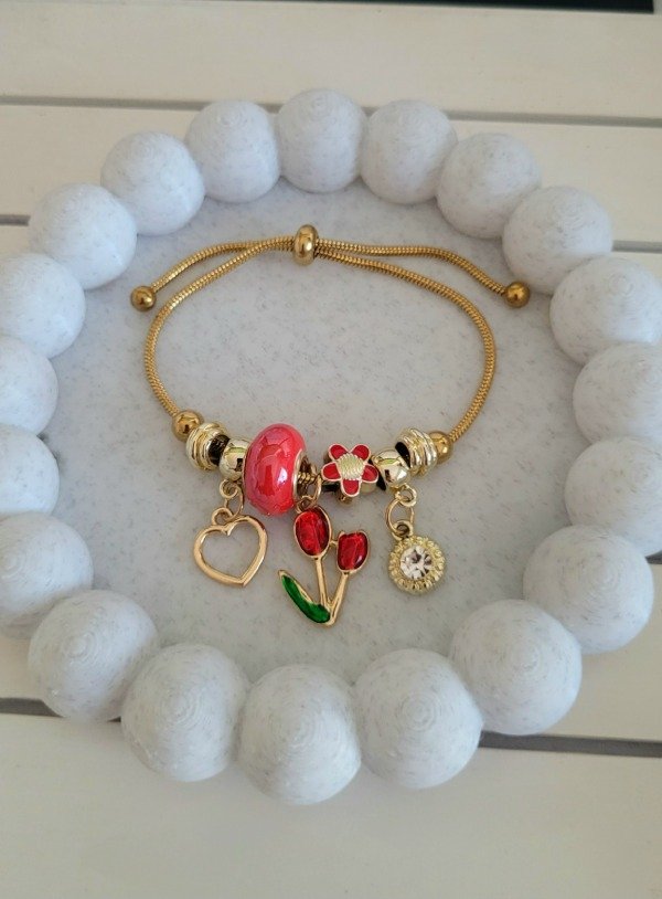 Producto - Pulsera pandora corbatin tulipán rojo de acero dorado - 1