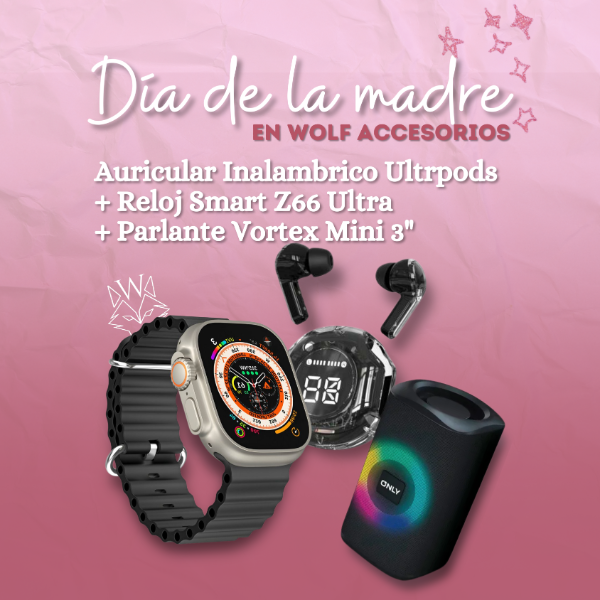 Producto - AURICULARES ULTRAPODS + RELOJ SMART Z66 + PARLANTE VORTEX MINI 3''