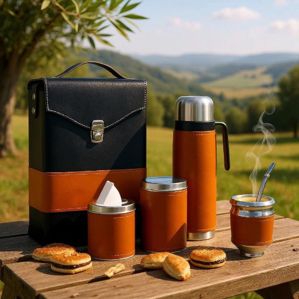 Producto - SET COMPLETO ECOCUERO TERMO ACERO, BOLSO RIGIDO MARRON CLARO