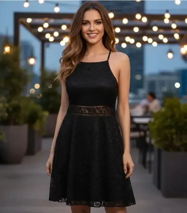 Producto - Vestido corto de encaje falda con vuelo y calado en la cintura