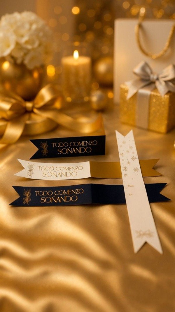 Producto - Tag señalador blanco dorado en cartulina 250g laminado en polipropileno 15x5