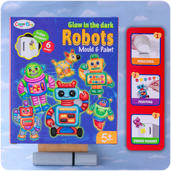Producto - Moldea y Pinta - Crea Imanes que Brillan en la Oscuridad - Robots