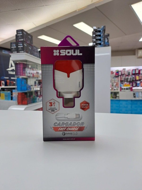 Producto - Cargador Fast Charge Soul + 2 USB 2.4A + 1 USB 3.1A Qualcomm +Cable Usb Micro V8