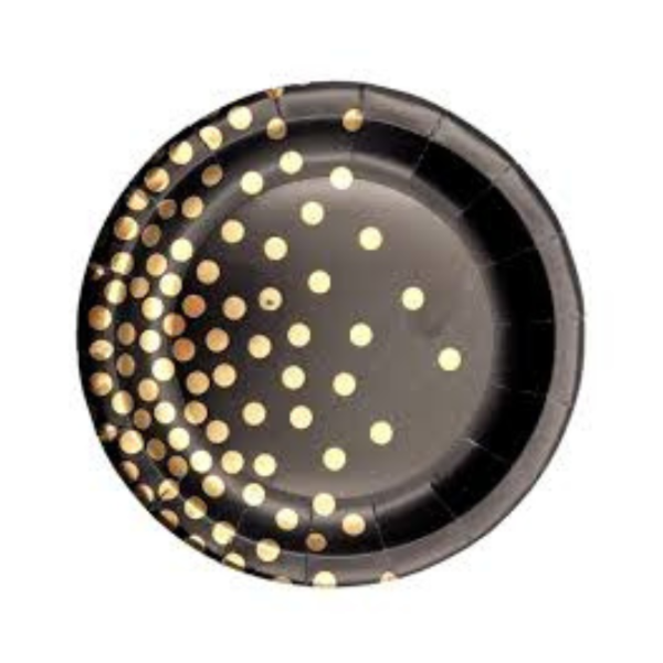 Producto - Plato polipapel lunares con stamping x8un color negro con lunares dorados