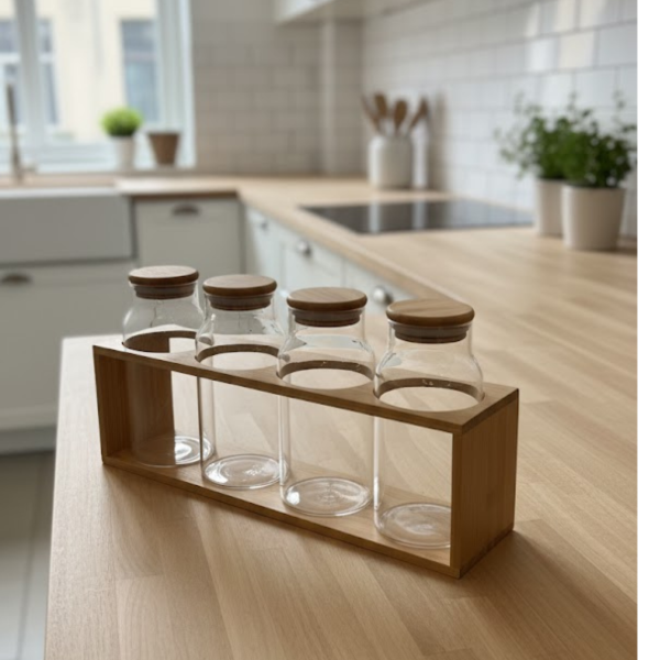 Producto - SET x4 FRASCOS DE VIDRIO CON TAPA DE BAMBOO CON BASE