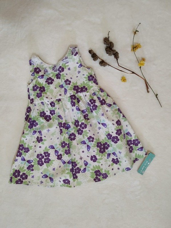 Producto - Vestido Doris, estampado flores y mariposas violeta y verde. - 0