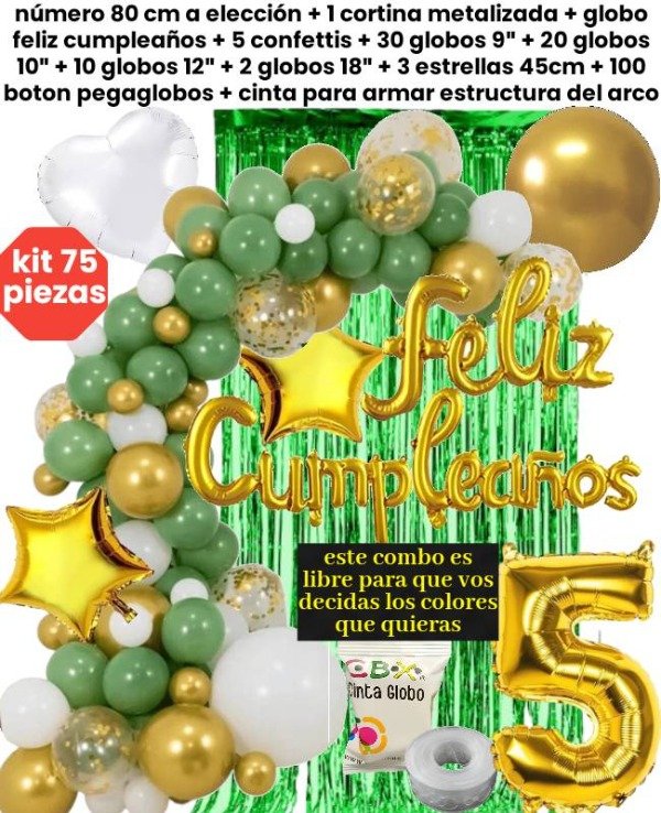 Producto - Kit 75 piezas globos verde oliva blanco dorado