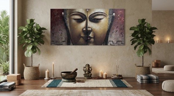 Producto - Cuadro díptico del rostro de Buda, serenidad, paz, Zen. Mide 1.60x80 en total