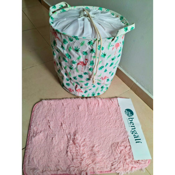 Producto - Kit Alfombra baño rosa + Cesto Laundry rosa
