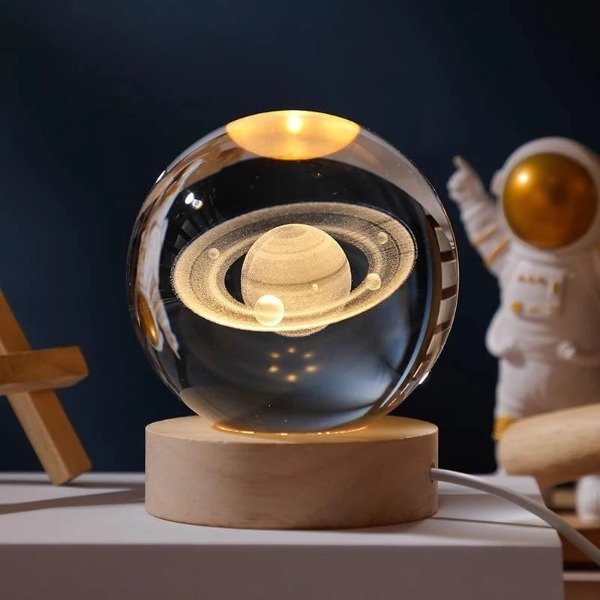 Producto - Esfera Cristal 3d Led Base Madera Lámpara Bola Noche Usb Madera Saturno
