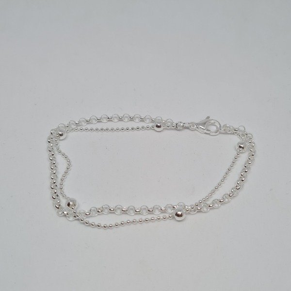 Producto - Pulsera plateada dos hileras rolo y bolas 19cm