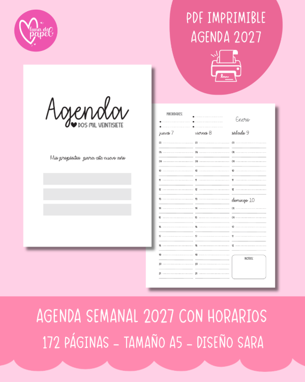 Producto - AGENDA SEMANAL CON HORARIOS 2027 - Diseño SARA
