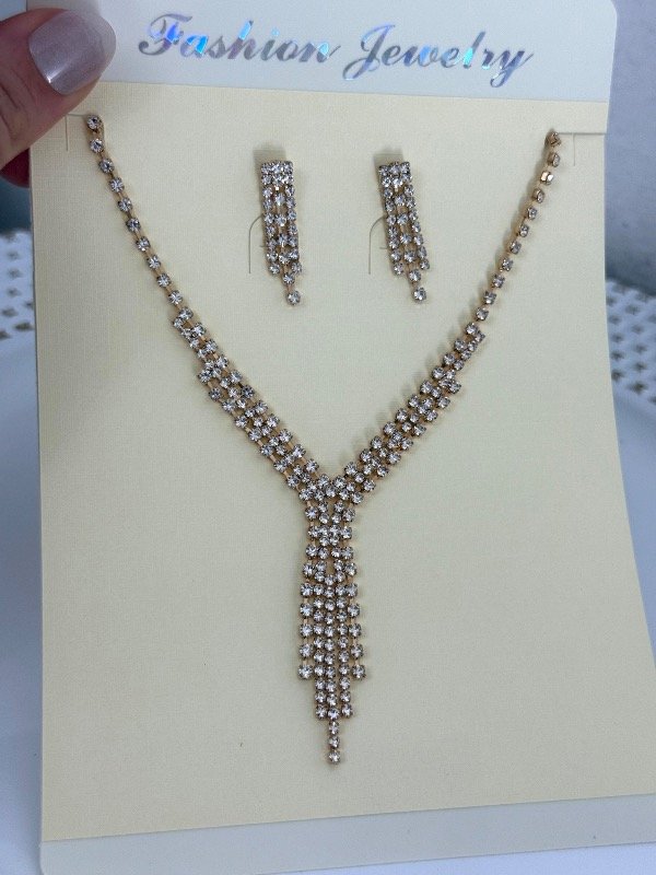 Producto - CF0041 Conjunto full strass dorado collar gargantilla + aros
