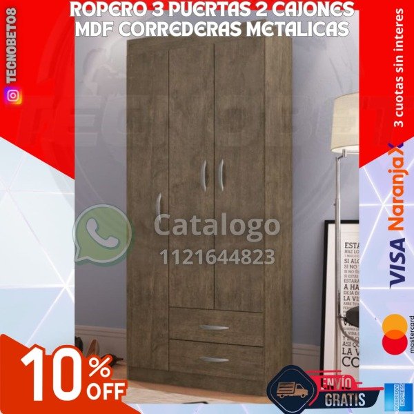Producto - ROPERO 3 PUERTAS 2 CAJONES MDF CORREDERAS METÁLICAS