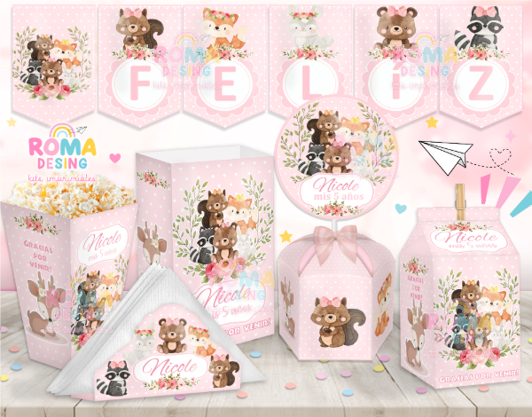 Producto - Kit imprimible Animalitos del Bosque rosa