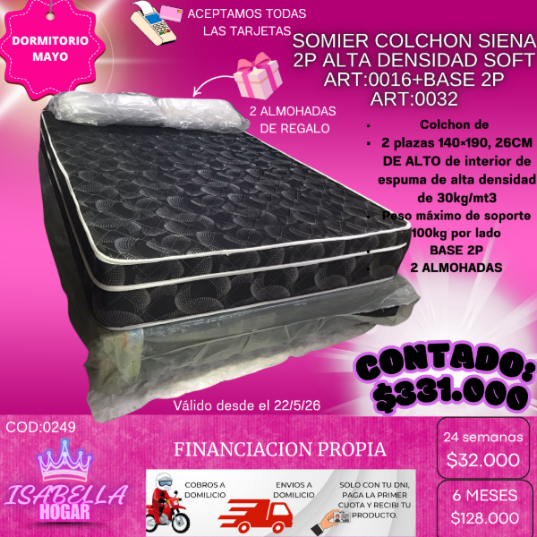Producto - SOMIER COLCHON SIENA ALTA DENSIDAD +BASE 2P+2 ALMOHADAS