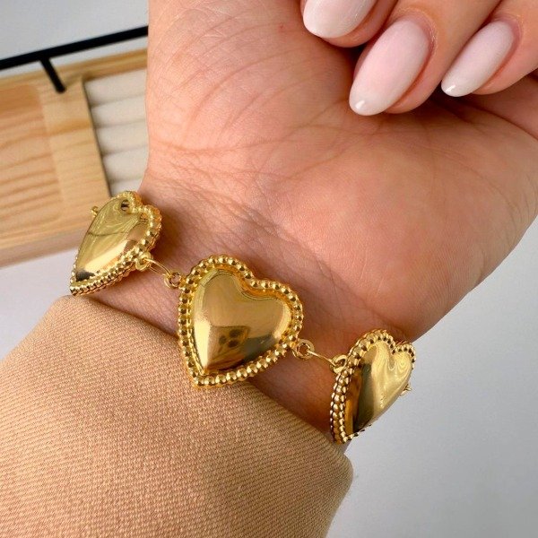 Producto - Pulsera Dorado Corazones inflados con borde con textura