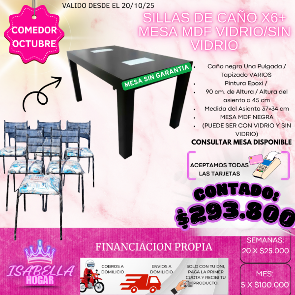 Producto - SILLAS CAÑO X6+MESA MDF CON VIDRIO/SIN VIDRIO