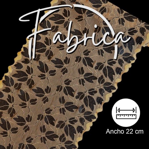 Producto - PS170 Puntilla flores negra y avellana. Medida: 22cm (por metro)