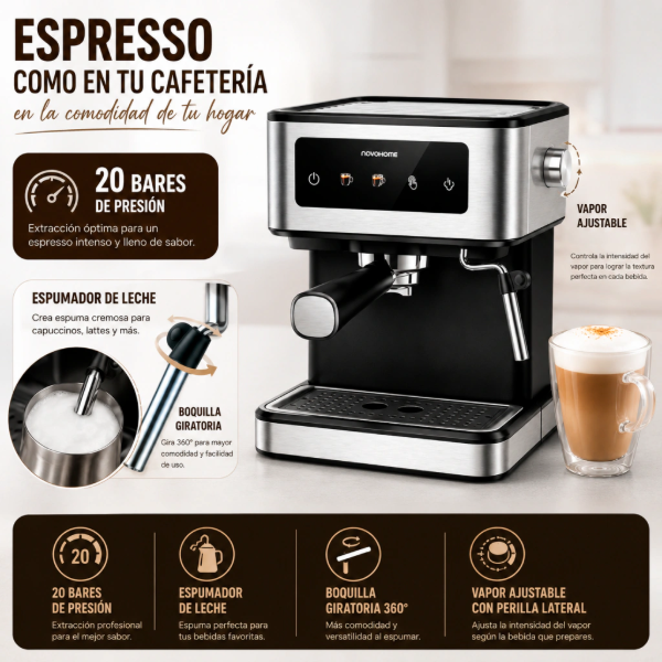 Producto - Cafetera Expresso -Tactil -1.5L -20 Bar -C/Vaporizador -Novohome (NH-CM 100) - 3