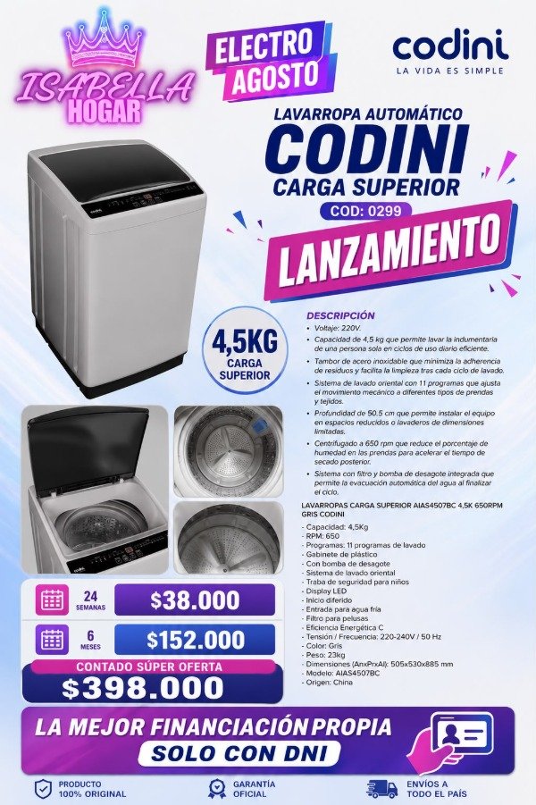 Producto - LAVARROPAS CODINI AUTOMATICO 4,5KG