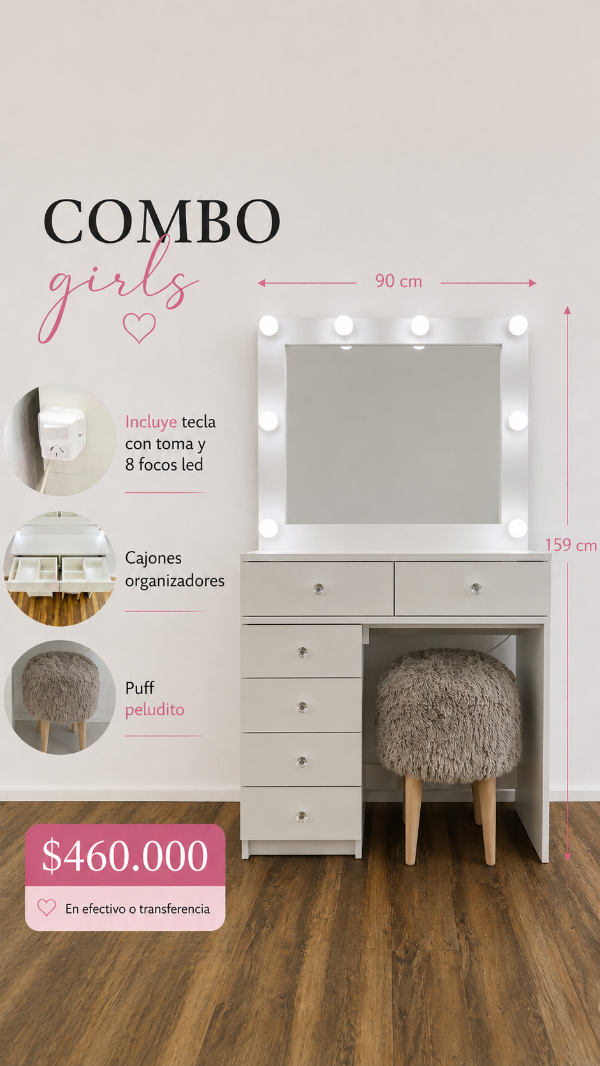 Producto - Espejo XL con una cajonera de pata y puff peludito