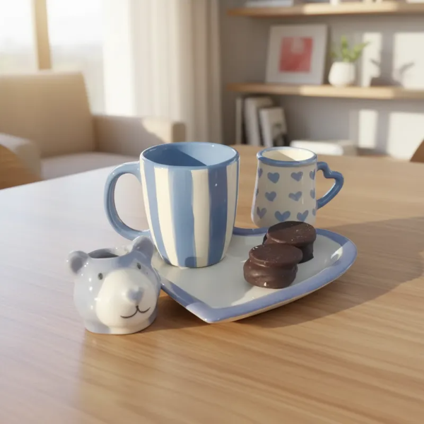 Producto - Juego Taza Bombé, Mate Asa Corazón, Bandeja Corazón y Osa Azucarero