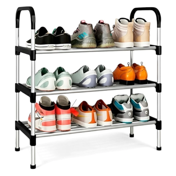 Producto - Organizador de Zapatos plegable c/manijas -3 estantes -plastico y hierro