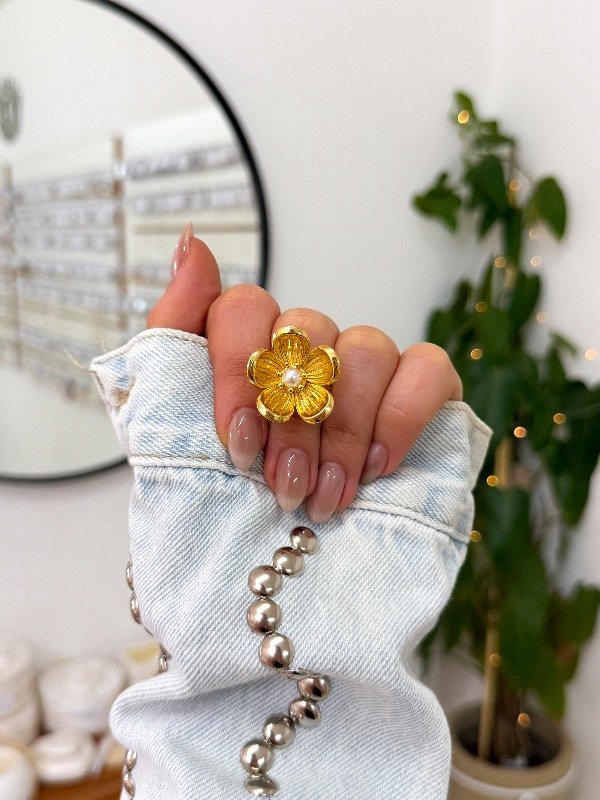 Producto - Anillo acero dorado flor perla talle 6