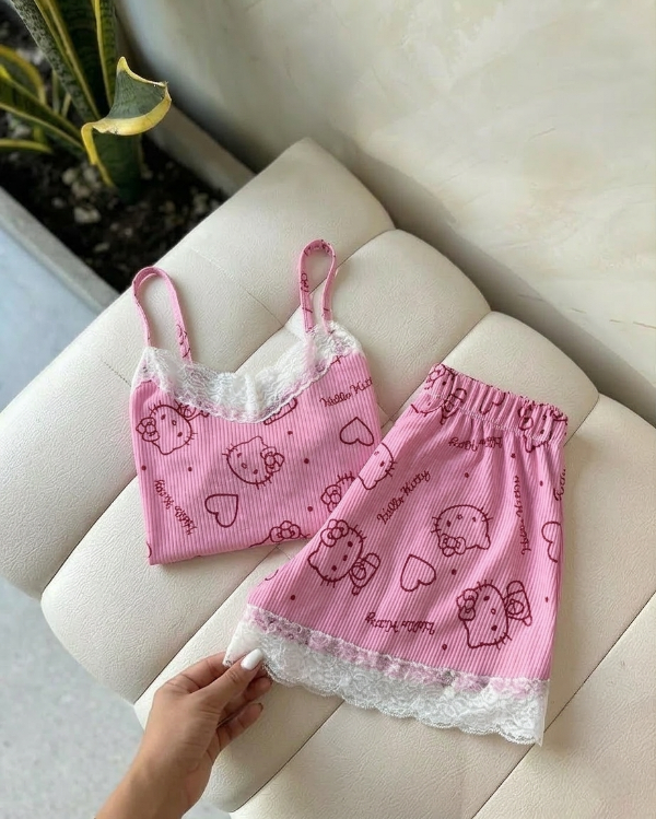 Producto - Pijama de morley con puntilla - Kitty rosa