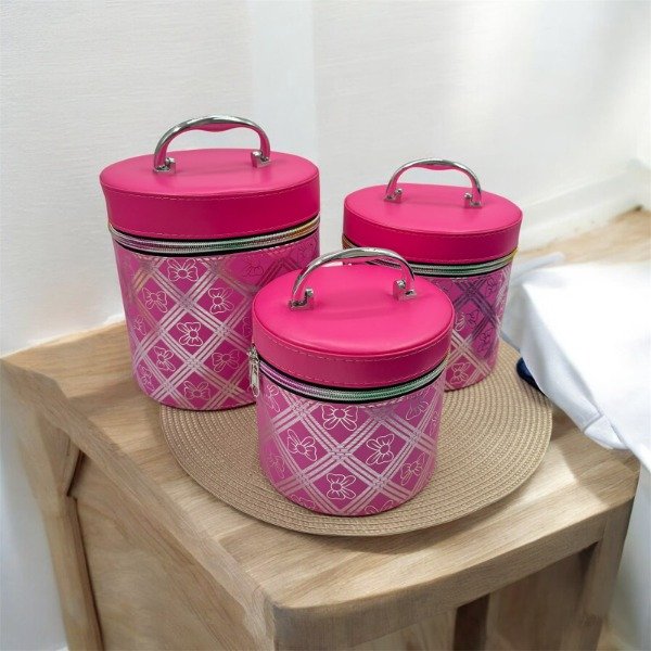 Producto - AC-H1228-2 MALETIN DE MAQUILLAJE REDONDO RAYAS MOÑOS X3PCS
