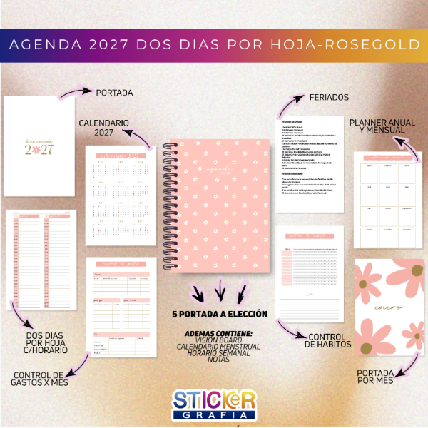 Producto - Agenda 2027 Dos Días por Hoja RoseGold