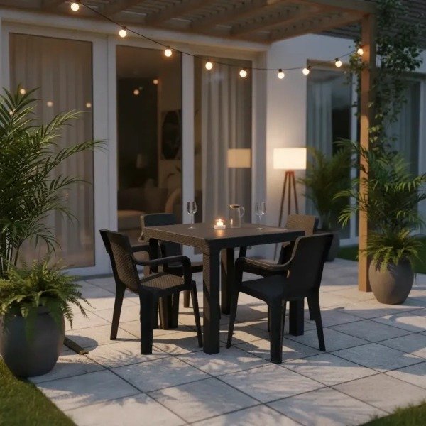 Producto - JUEGO 4 SILLAS APOYABRAZOS + MESA 80X80